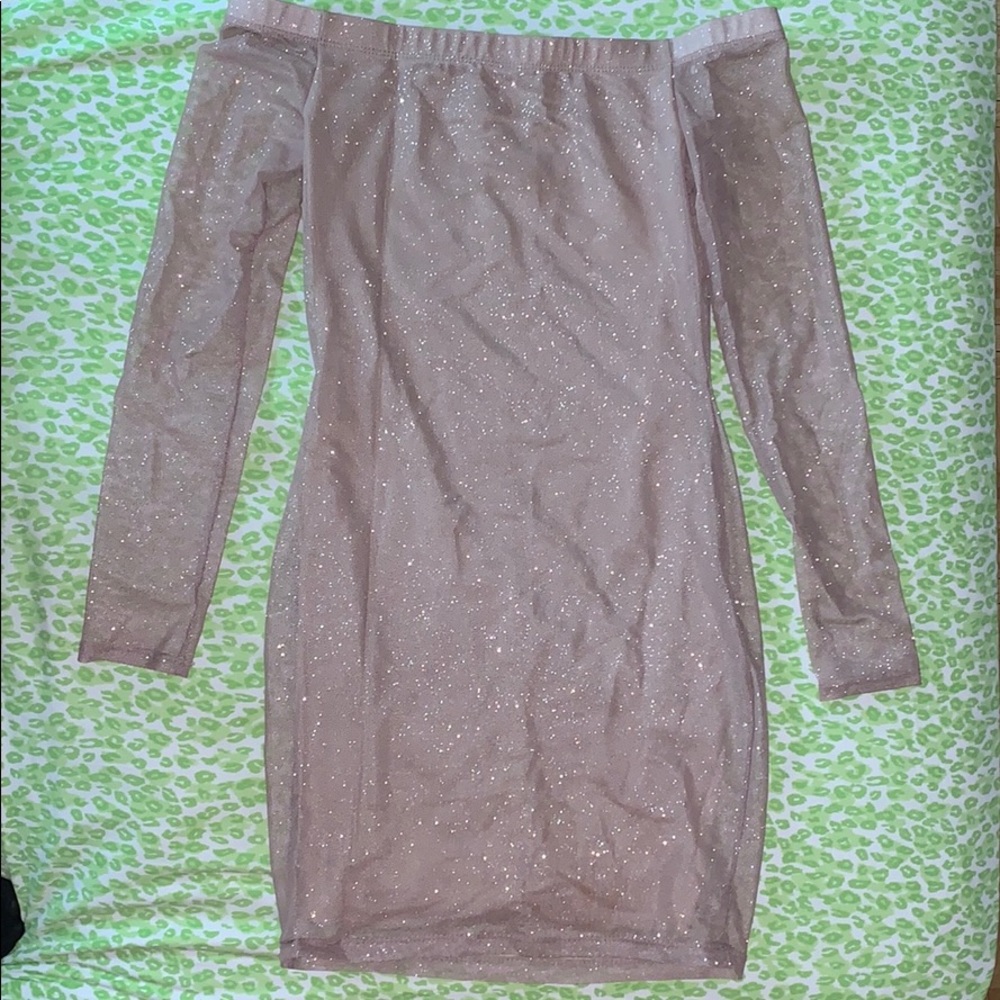 Off the Shoulder Rose Gold Glitter Dress